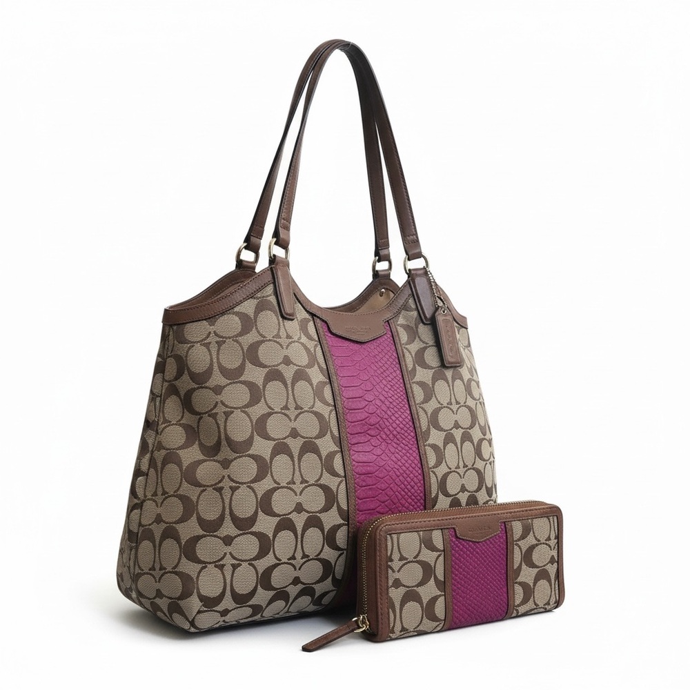 Coach Signature Wallet Pink Python Stripe Zip Around Brown Canvas Leather - Picture 5 of 5